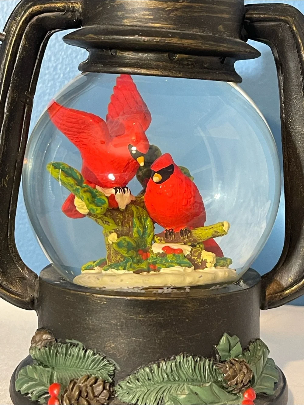 Vintage-Style Black Lantern Snow Globe with Red Cardinals